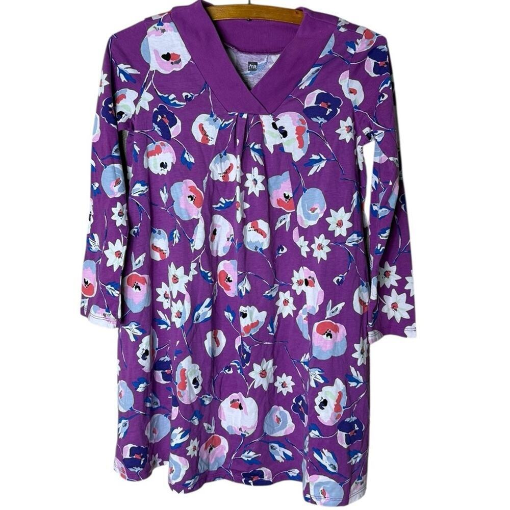 Tea Collection Girls Sz 10 Purple Floral Dress Long Sleeve Cotton V-Neck